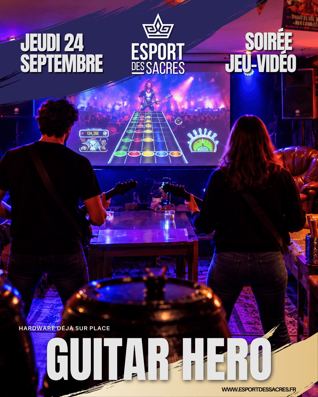 Un gars une fille qui jouent à Guitar Hero au Dropkick Bar Reims